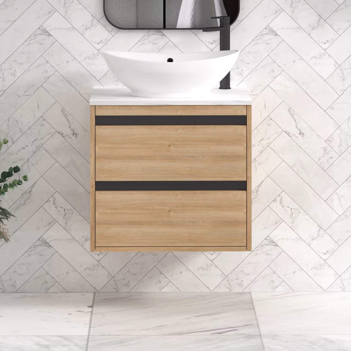Royal Bathrooms Orion 800mm Natural Oak Wall Hung 2 Drawer Vanity Unit with Amaze Basin and Black Accent Trim