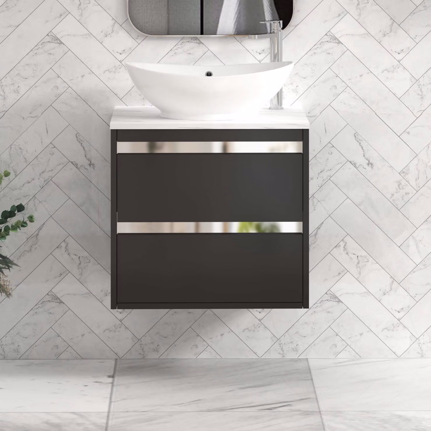 Royal Bathrooms Orion 800mm Matt Obsidian Black Wall Hung 2 Drawer Vanity Unit with Amaze Basin and Chrome Accent Trim