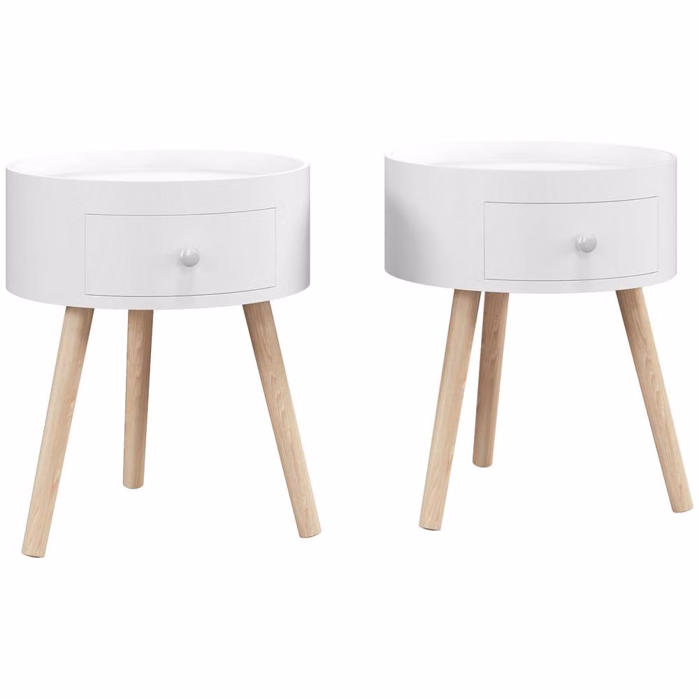 HOMCOM Set of 2 Round White Coffee Tables with Drawer and Wood Legs – 2