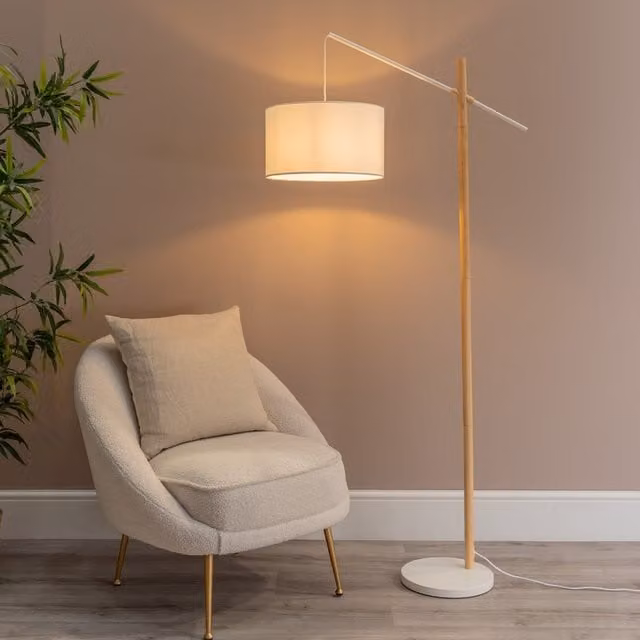 ValueLights Adrianna White Wooden Arc Floor Lamp with Fabric Drum Shade and Bulb