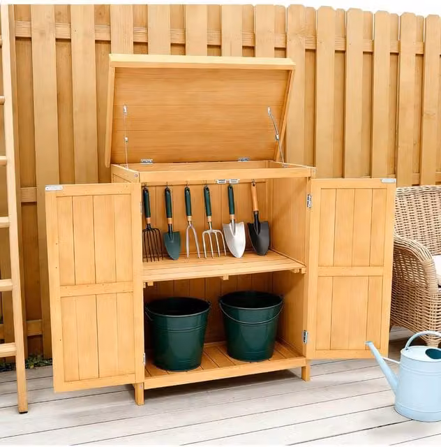 Groundlevel Rustic Wooden Garden Potting Shed with Double Doors and Internal Shelving, Brown, W/D/H: 88.0 x 74.0 x 39.0 cm