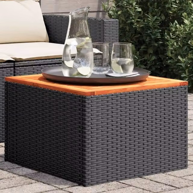 Berkfield Home Black Poly Rattan and Acacia Wood Garden Table, W/D/H: 55 x 55 x 37 cm – 1