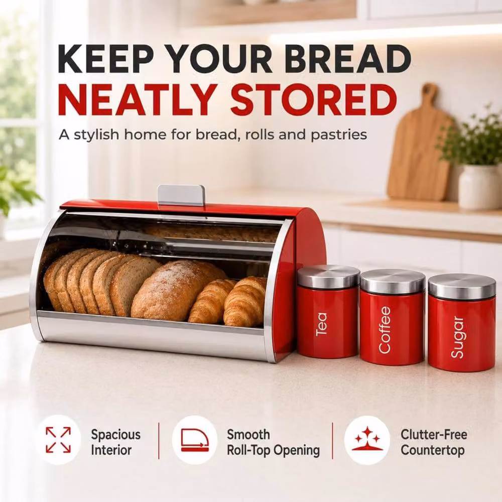 MANTRARAJ 4-Piece Red Kitchen Storage Set with Airtight Lids, Bread Bin and Canister Jars – 4