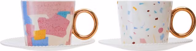 Orsina Miami 2 Cups and Saucers Set in Multicolour and Gold Bone China