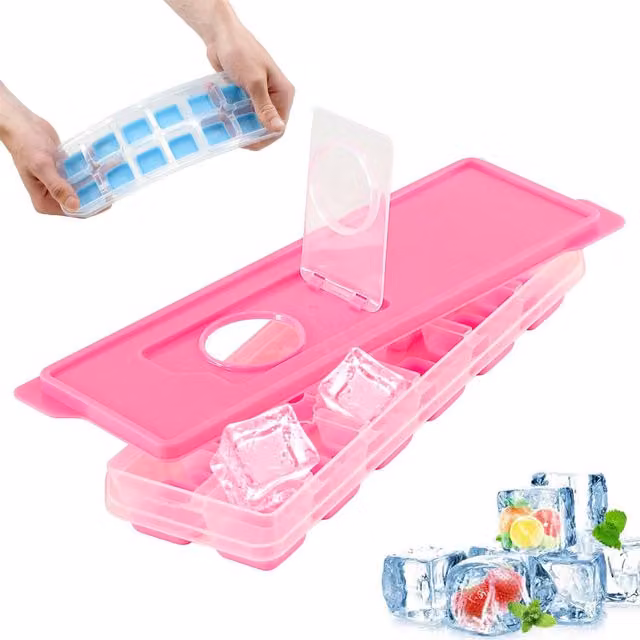 Geezy Pink and Blue Stackable Silicone and Plastic Rectangular Ice Cube Tray with Snap Lid