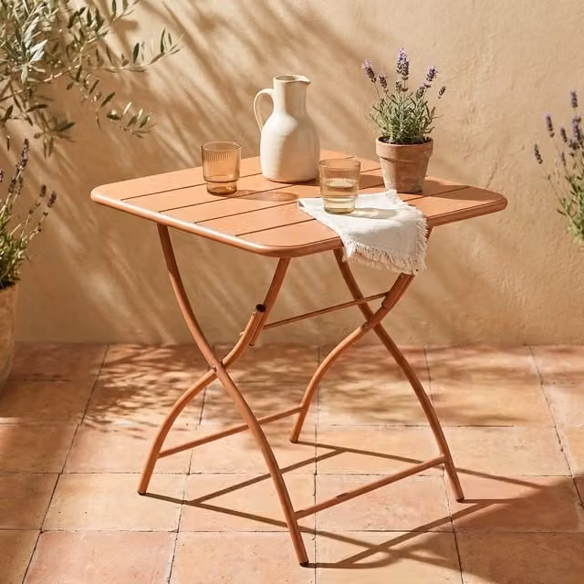 Square Metal Garden Bistro Folding Table in Matt Orange/Brown, W/D/H: 60 x 60 x 60 cm