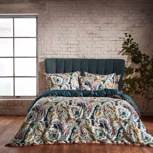 Edinburgh Weavers Aretha Reversible Duvet Set and Pillowcase, 200 Thread Count Cotton Sateen, Petrol and Green, 200 x 200 cm