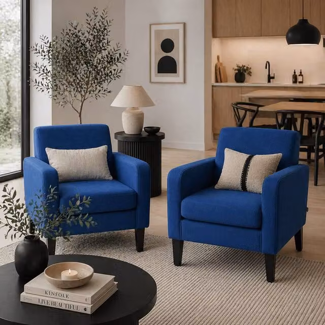 Wyld Haus Lita Ralo Set of 2 Blue Modern Fabric Accent Armchairs with Black Rubberwood Legs