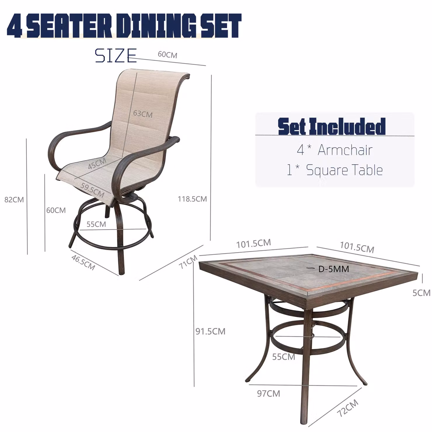FURNITURE ONE 5 Piece 4 Seater Patio Dining Set with Rotating Round Garden Table in Beige and Brown – 2