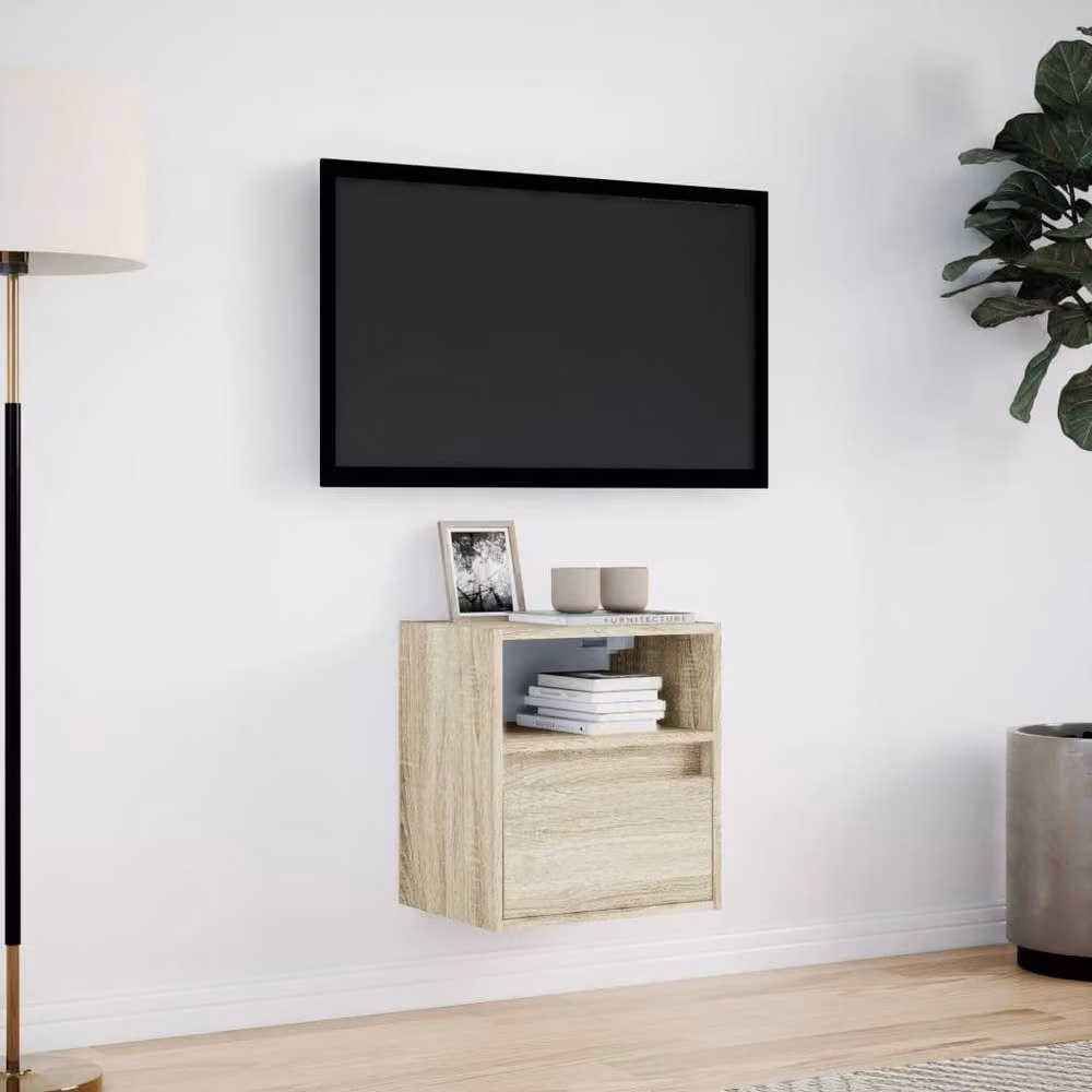 Berkfield Home TV Wall Cabinet with LED Lights in Sonoma Oak and Light Tan, W: 41 cm, D: 31 cm, H: 45 cm – 2