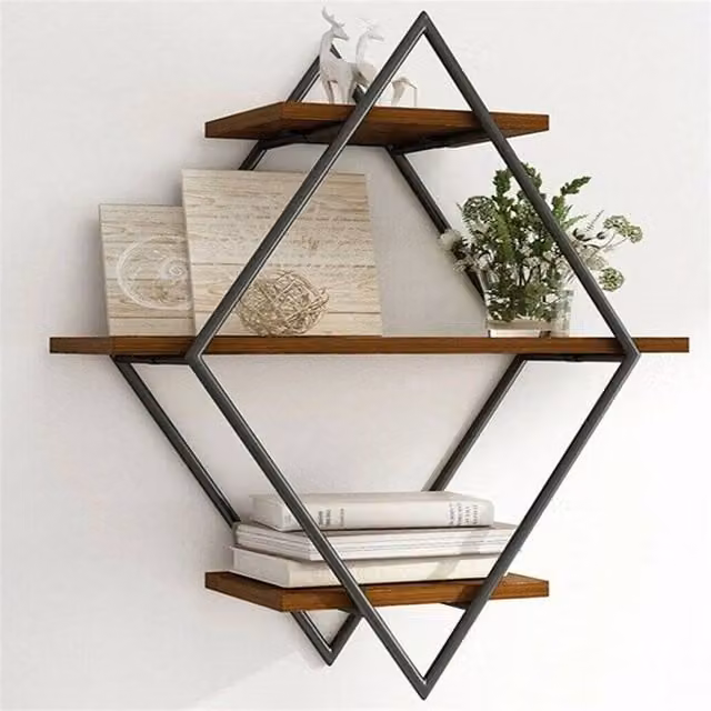Kelvenix Brown Wood and Metal Wall Mounted Floating Shelves with Rustic Open Back Partition Storage