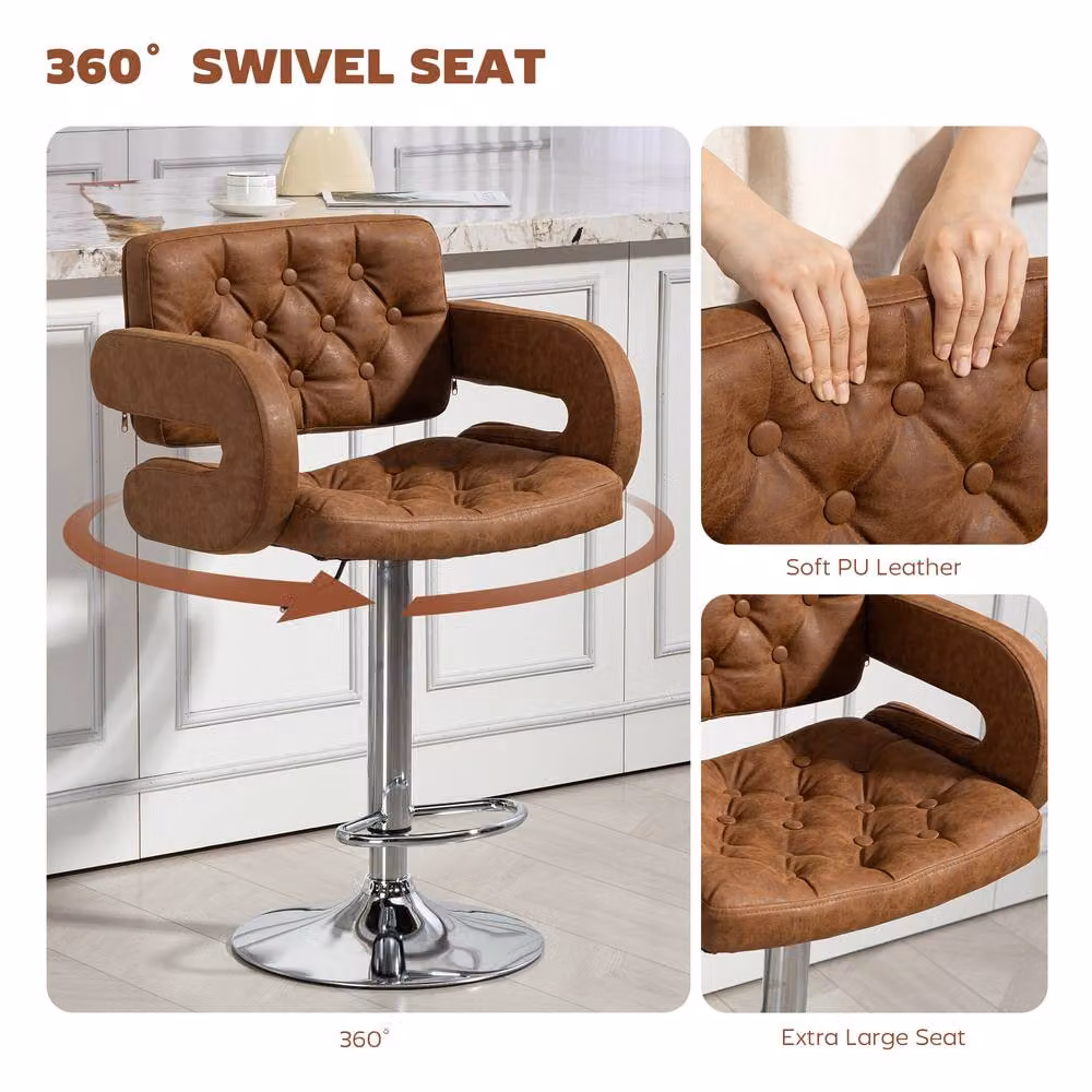 STILVORA Brown Adjustable Swivel Bar Stool with Armrests and Synthetic Leather Upholstery – 5