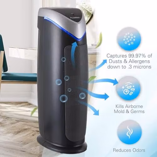 PureMate Hepa Air Purifier with Ioniser and UV Lamp, Black, featuring True Hepa and Activated Carbon Filters with Filter Change Indicator and Timer – 7