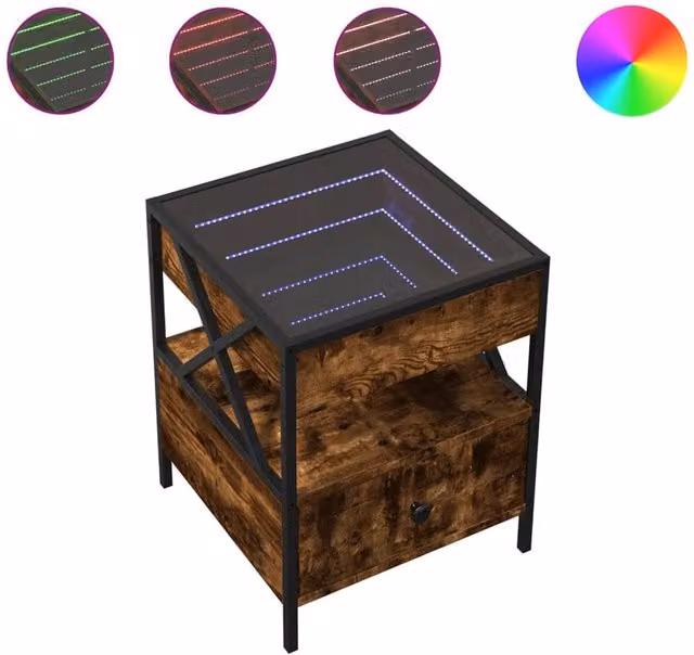 Berkfield Home Infinity LED Bedside Table in Smoked Oak Brown with Mirror Top, W/D/H: 40 x 40 x 51 cm