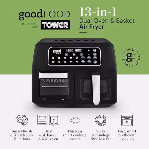 Tower GF17015 10L Dual Side Oven and Basket Air Fryer with Vizion Viewing Windows, 10 Presets, Match Cook and Sync Functions, 2400W, Black – 2