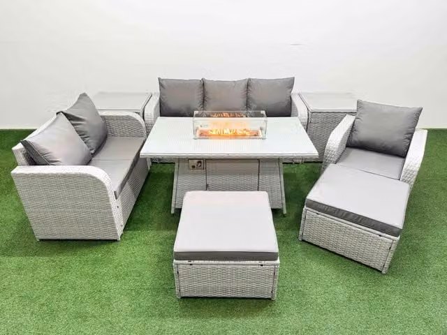 Fimous Patio 8 Seater Grey PE Wicker Rattan Outdoor Furniture Set with U-Shape Sofa, 3 Seater Sofa, Ottoman, and Coffee Table