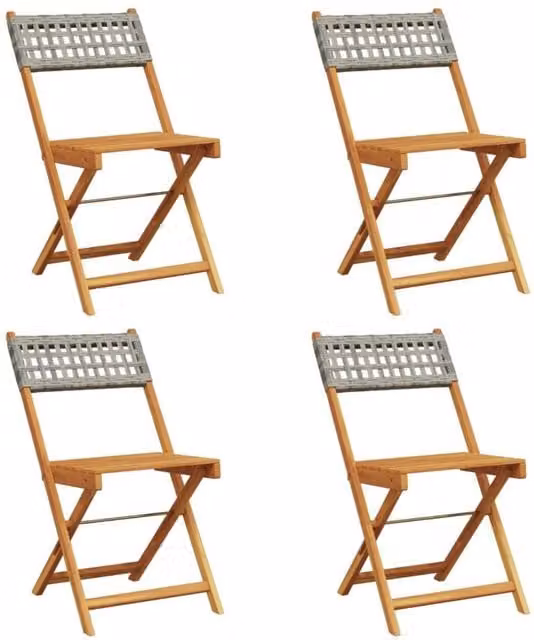 Berkfield Home Set of 4 Folding Garden Chairs in Grey Poly Rattan and Acacia Wood