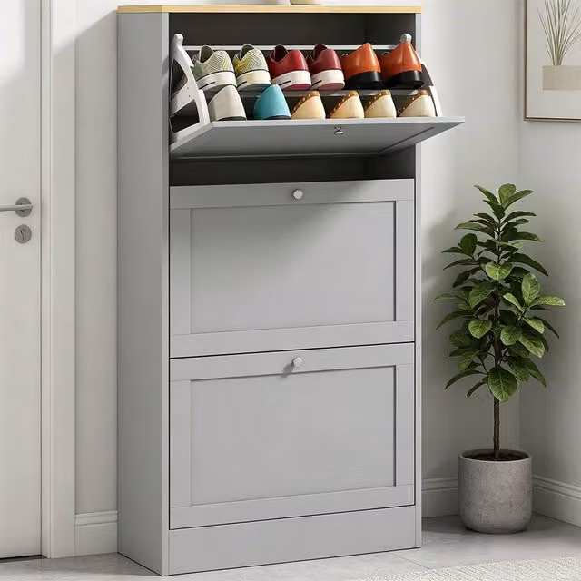 ERGOVEXA Modern Wall Mounted Grey Shoe Storage Cabinet with Tilting Compartments and Internal Shelves – 1