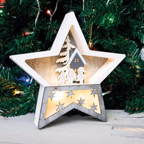 mysmartbuy Battery Powered Wooden Light Up Christmas Star Festive Scene Ornament with Snowman Carving in White, H19 x W19 x D3.5 cm