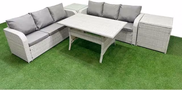 Fimous 6-Seater Outdoor Wicker Rattan Sofa Set with Tempered Glass Dining Table in Light Grey