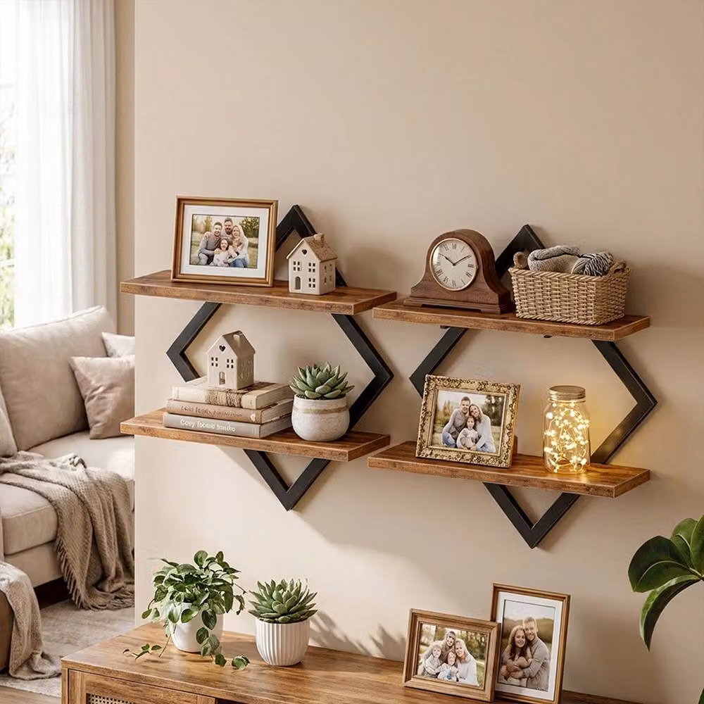 Levede Set of 2 Industrial Style Floating Wall Shelves in Brown Wood and Metal – 2
