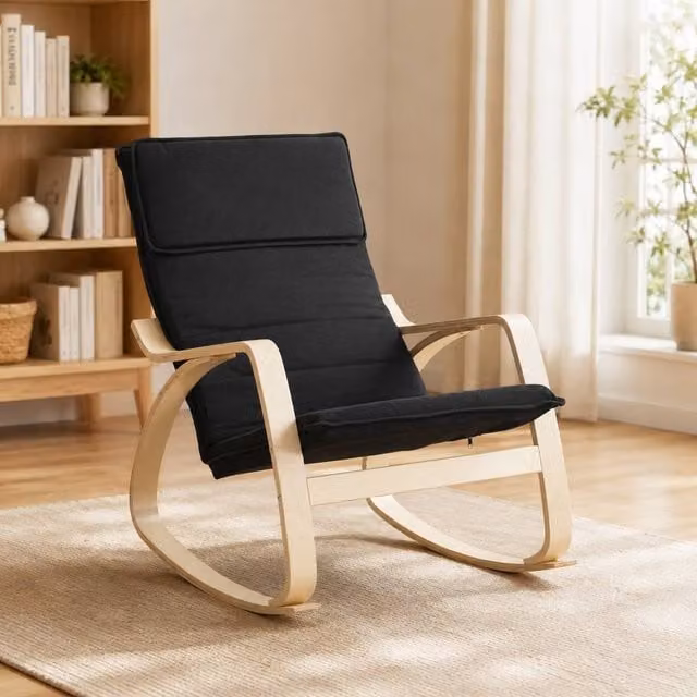 STILVORA Modern Black Fabric Rocking Chair with Headrest and Armrests and Solid Birch Wood Frame