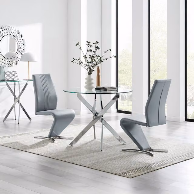 FurnitureboxUK Novara Round Glass Dining Table and 2 Willow Chairs in Grey, Diameter: 100 cm