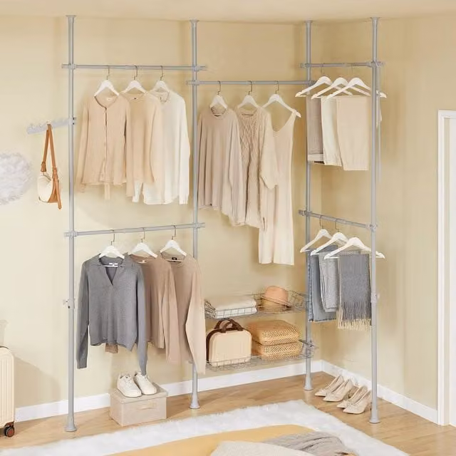 SoBuy Grey Metal Adjustable Clothes Rail with Dual Hook and Rail Matrix