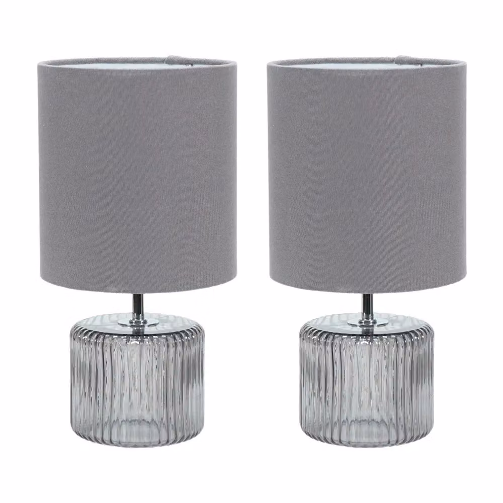 ValueLights Betty Pair of Grey Glass Table Lamps with Fabric Shades and LED Bulbs – 2