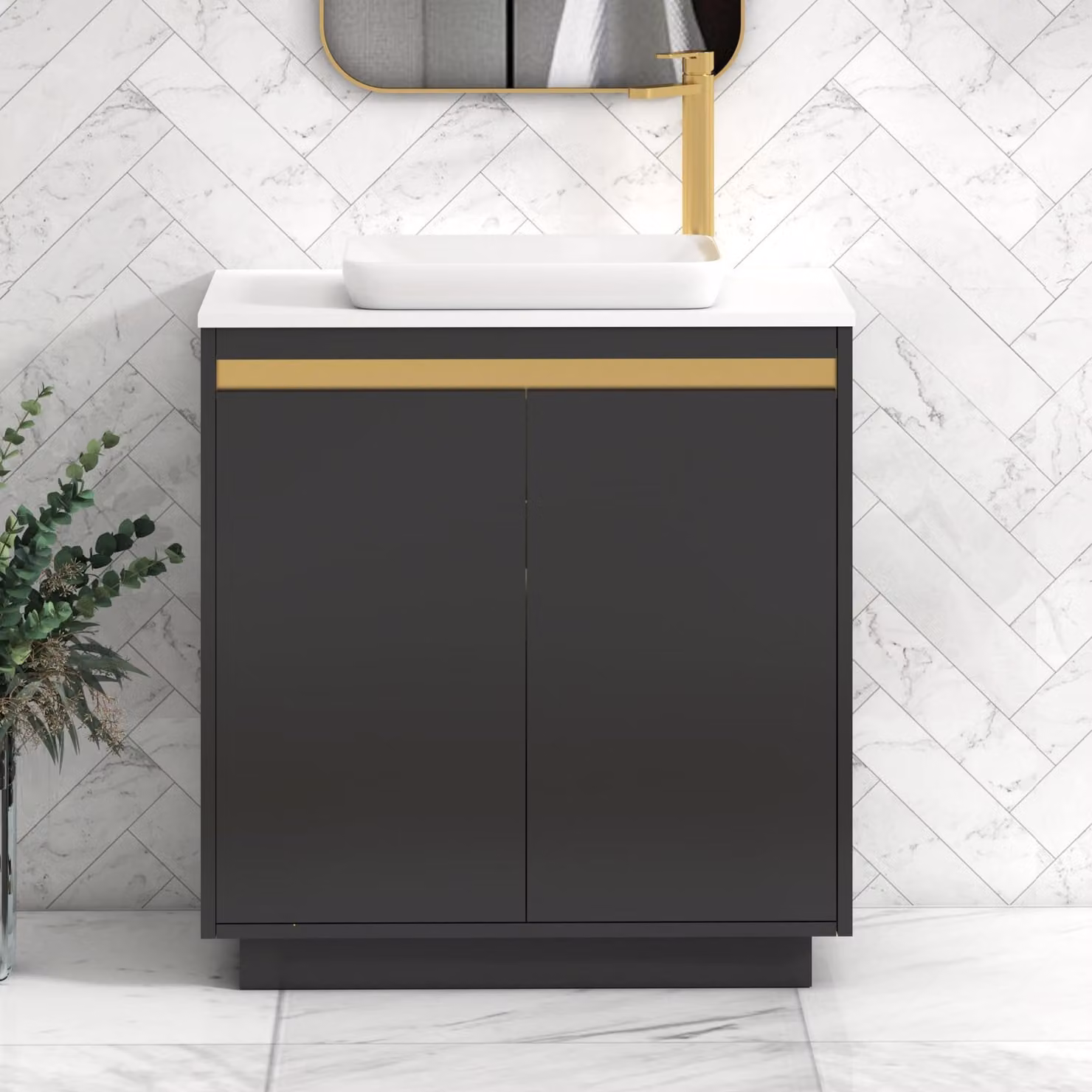 Royal Bathrooms Orion 800mm Matt Obsidian Black and Plain White 2 Door Floor Standing Vanity Unit with Qubix Basin and Brushed Brass Accent Trim