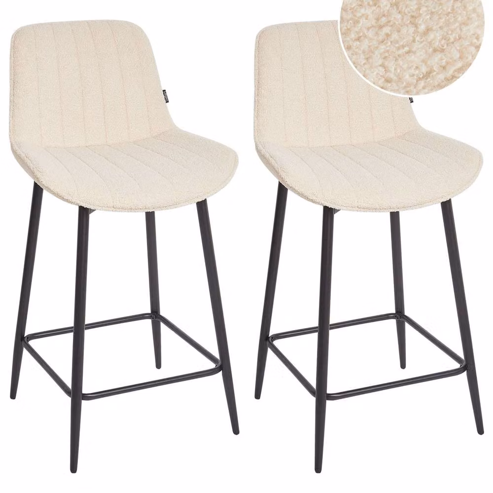 Wyld and Coco Set of 2 Armless Boucle Bar Chairs in Light Beige with Matte Black Steel Legs – 2