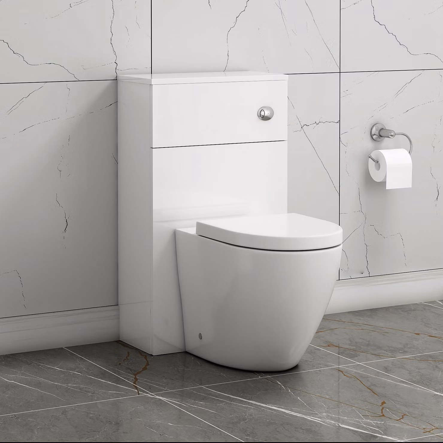 Royal Bathrooms Gloss White 500mm BTW WC Unit with Elva Rimless Ceramic Toilet Pan, Soft Close Seat and Cistern