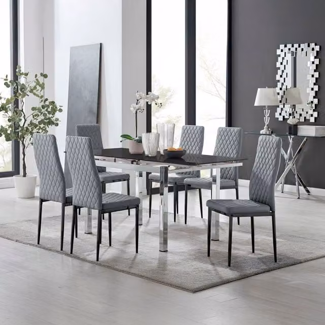 Furniturebox Enna Black Glass Extending Dining Table and 6 Milan Black Leg Chairs in Grey