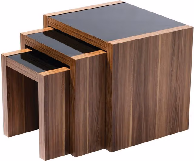 Orsina Modern Nest of 3 Wooden Tables with High Gloss Black and Brown Walnut Finish