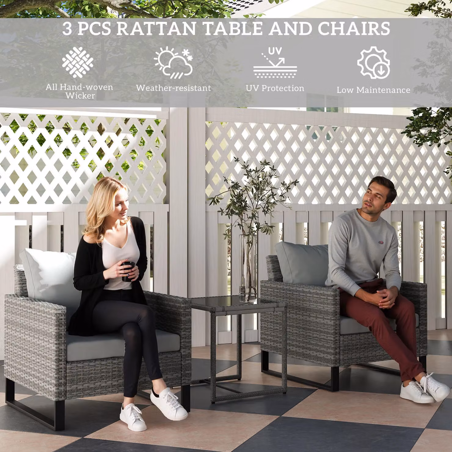 OUTSUNNY 3-Piece Rattan Bistro Set with Glass Top Table, Chairs and 4 Cushions in Light Grey – 3