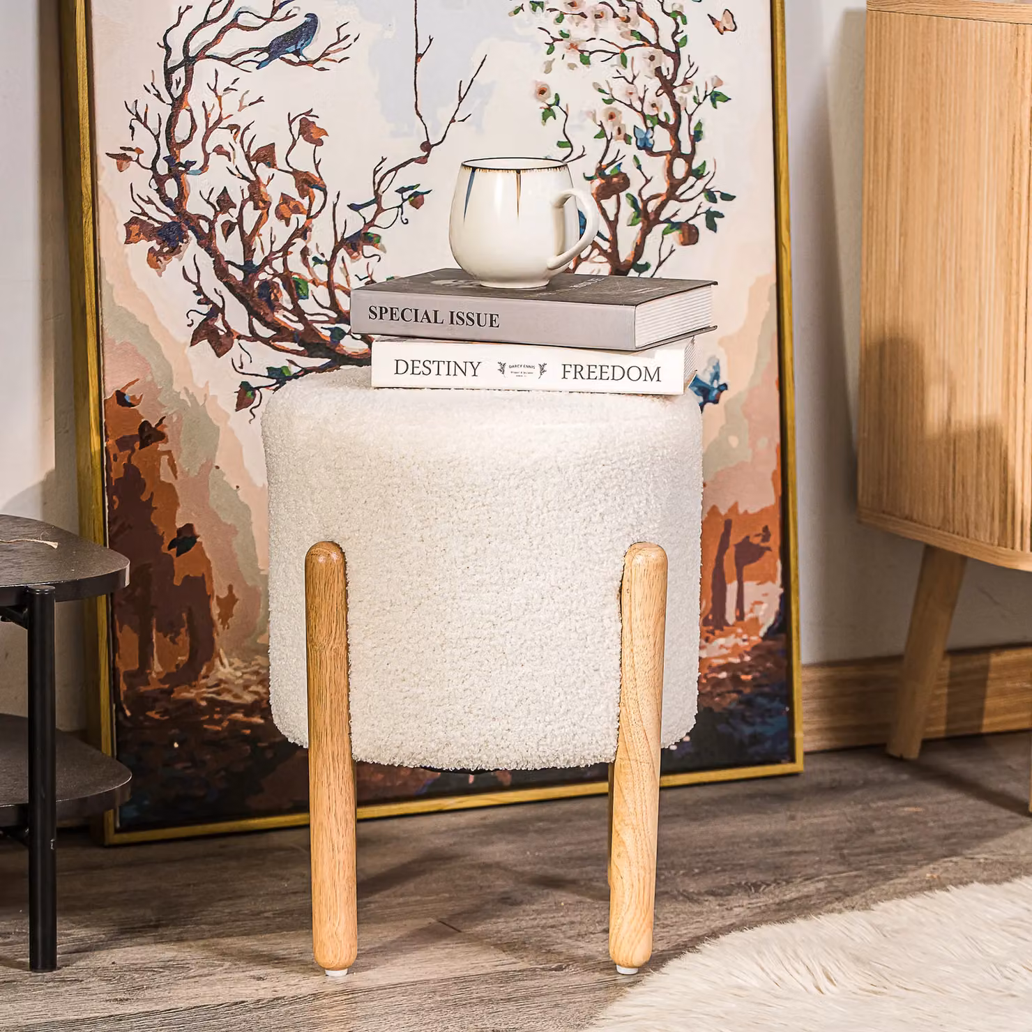 Nordlys White Bouclé Cylindrical Living Room Pouf with Brown Wooden Base – 3