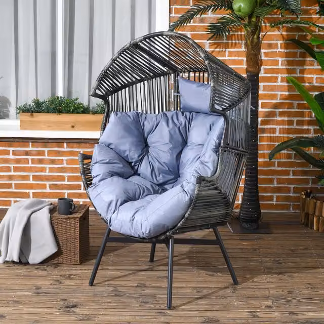 Outsunny Modern PE Rattan Garden Egg Lounge Chair with Cushions and Armrests, Light Grey