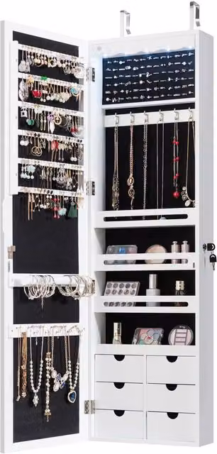Costway White Jewelry Armoire with Mirror and Integrated LED Lighting, Wall or Door Mounted
