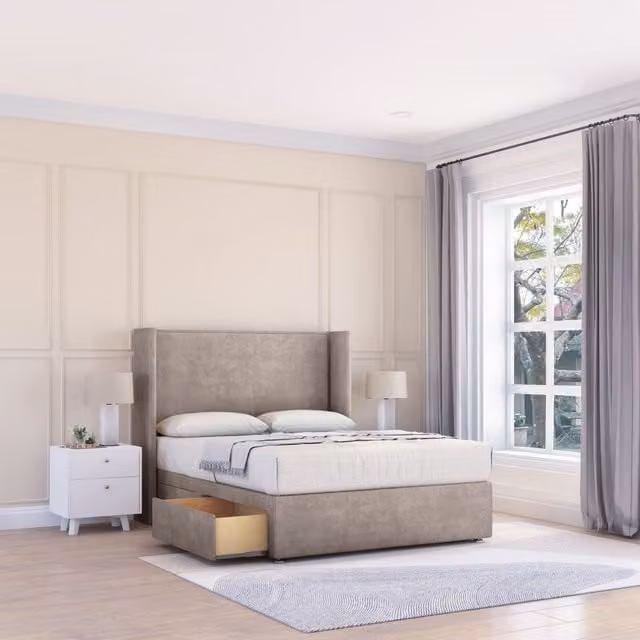 Sloomy Devonshire Plush Wingback Bed Set with 2 Drawers and Floor Standing Headboard in Sand, W/D/H: 120 x 200 cm