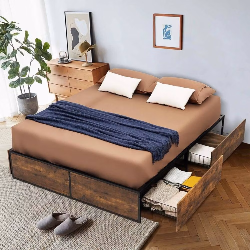 Kelvenix Small Double Industrial Metal Bed Frame with Drawers in Brown, W/D/H: 120 x 200 cm – 3
