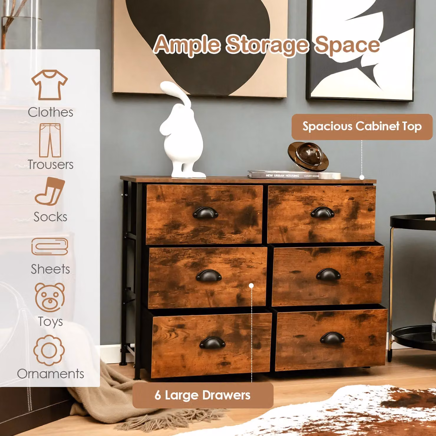 Costway 6 Drawer Fabric and Metal Storage Chest of Drawers in Brown – 4