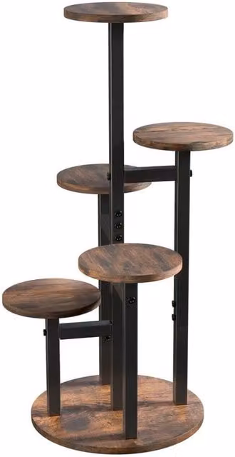 KORVIXA 6 Tier Industrial Metal and Wood Plant Stand in Brown – 1