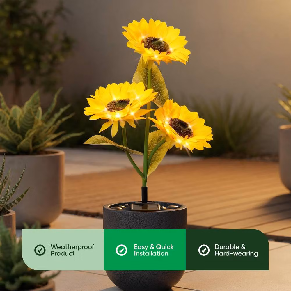 Gardenwize Solar Sunflower Stake Lights with 3 Flower Heads, Warm White LED Garden Ornaments in Yellow – 2