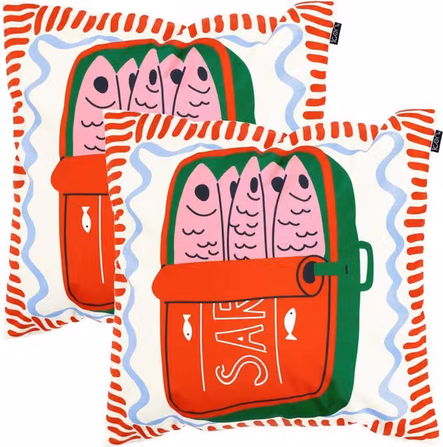 ICON 2 Pack Sardine Print Square Cushions, Multicolour, W/D/H: 43 x 43 x 43 cm