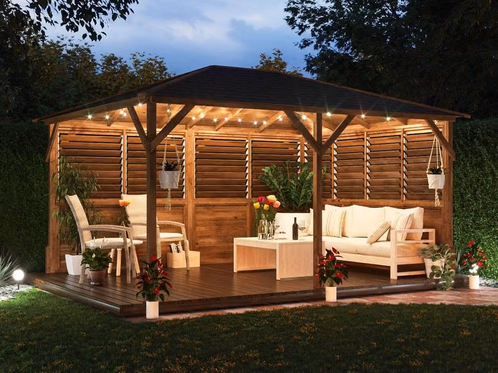 Dunster House Utopia Wooden Gazebo with Louvre Wall and Bitumen Shingles, Brown, W: 400 cm, D: 300 cm – 2