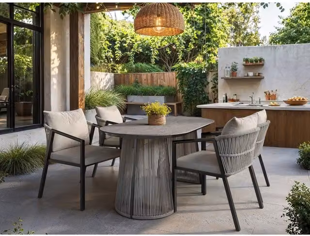 SOLACE+CO Hana Oval Garden Dining Table and 4 Lynden Rattan Chairs Set in Grey, Brown and Beige