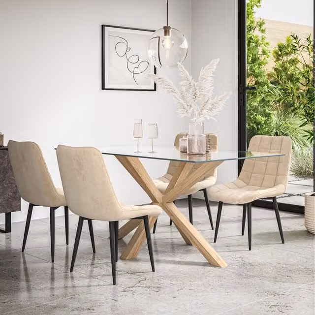 More4Homes Etta Glass Dining Table Set with Solid Oak Legs and 4 Beige Nova Velvet Chairs