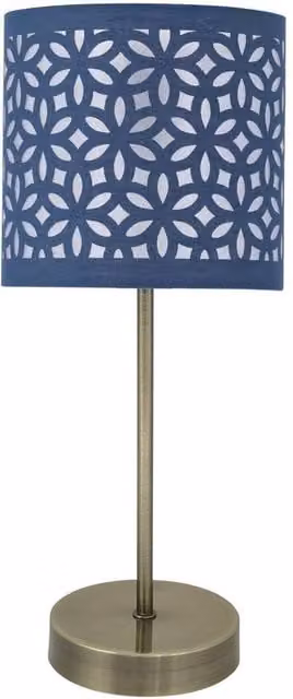 First Choice Lighting Antique Brass Stick Table Lamp with Navy Blue Laser Cut Fabric Shade in Bronze
