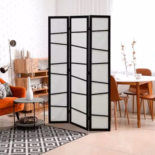 HOMCOM 3 Panel Folding Room Divider with Wood and Metal Frame, White Striped Privacy Screen for Living Room or Bedroom, H: 170 cm, W: 120 cm – 1
