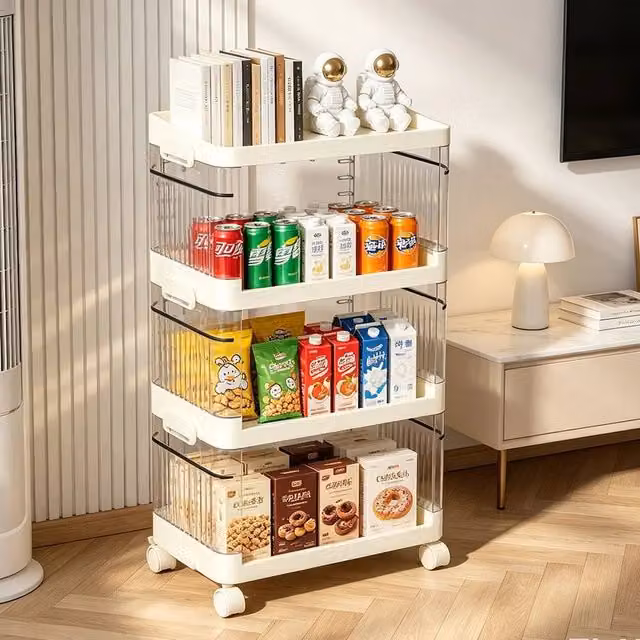 KORVIXA 4 Tier Rolling Storage Trolley with Side Guards in Cream, W: 60 cm, H: 60 cm – 1